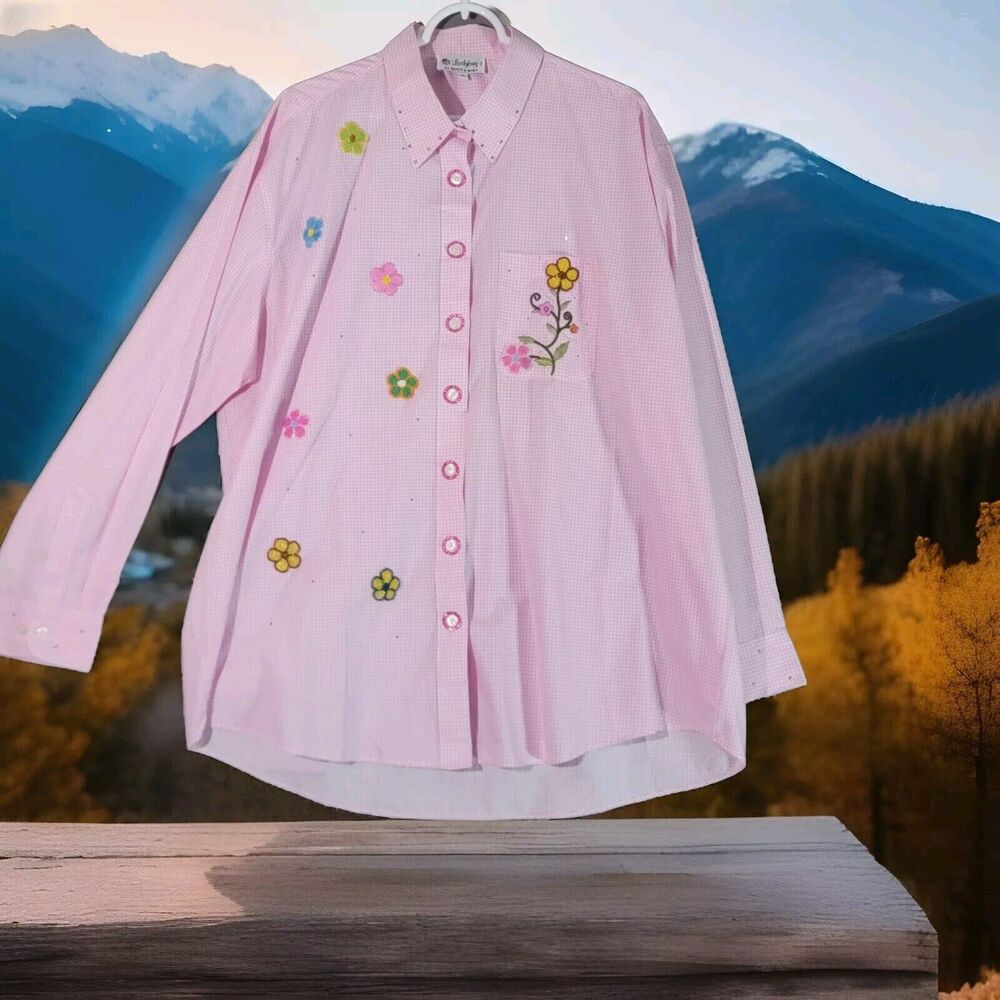 Pink Gingham Check Flannel Top Womens Plus Size 1X Rhinestone Floral Embellished